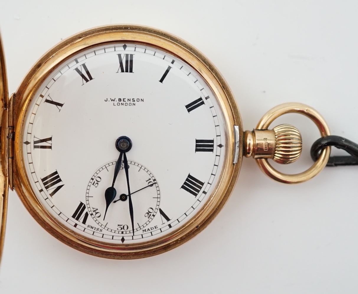 A George V 9ct gold J.W. Benson keyless lever half hunter pocket watch